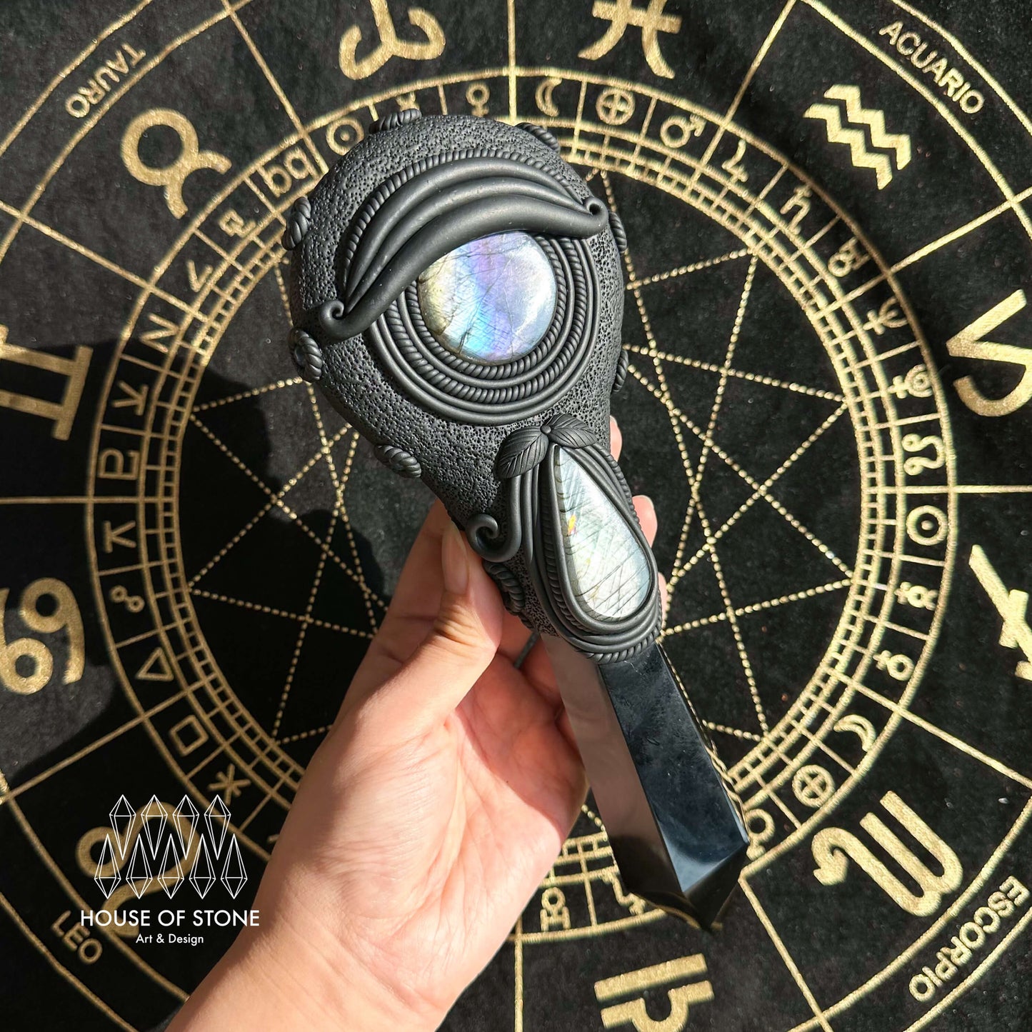 Handmade Natural Black Obsidian Mirror/Magic Obsidian Witch Wand/Crystal Quartz Wand/Scrying Mirror Wand/Root Chakra/Manifest Altar Tool