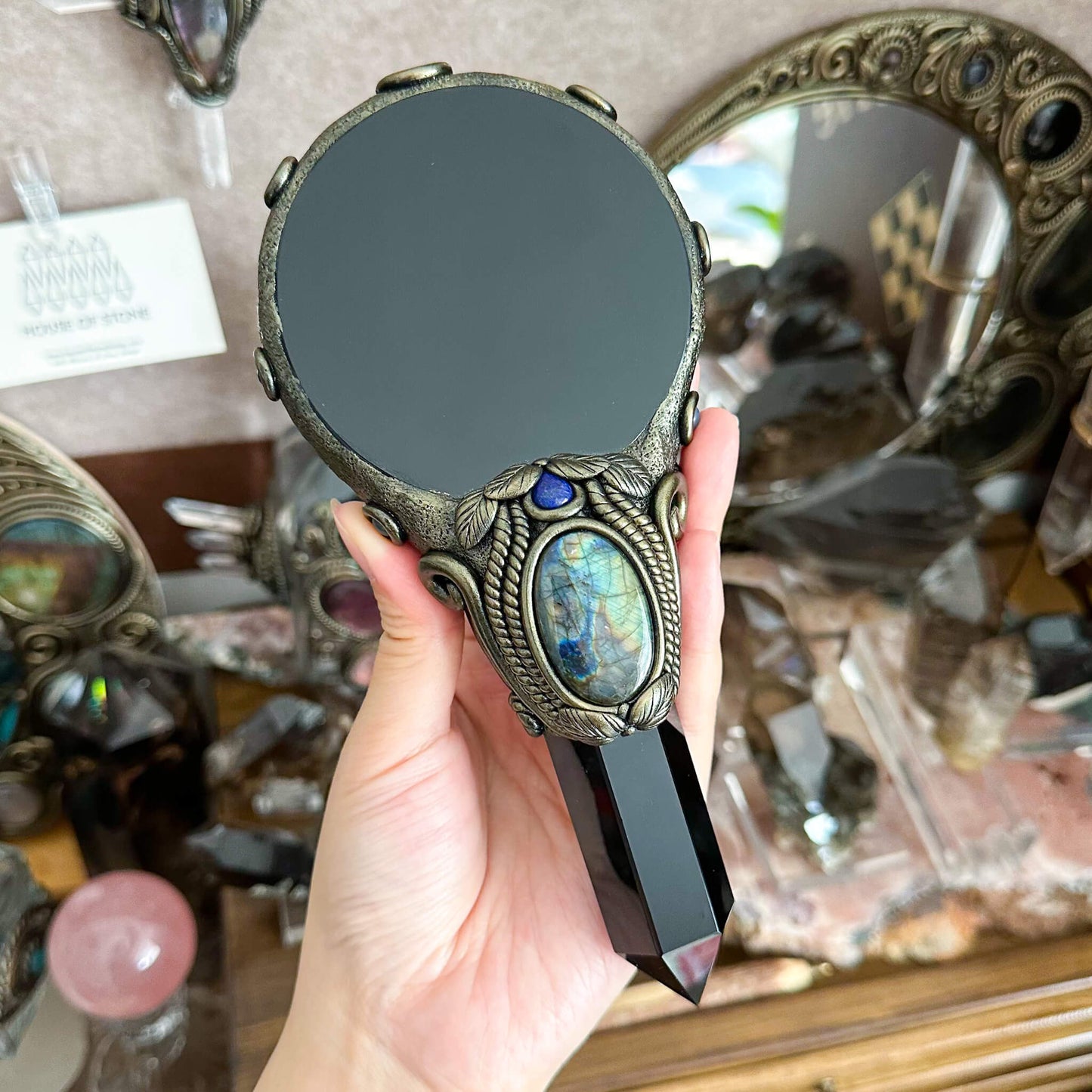 Handmade Natural Black Obsidian Mirror/Magic Obsidian Witch Wand/Crystal Quartz Wand/Scrying Mirror Wand/Root Chakra/Manifest Altar Tool