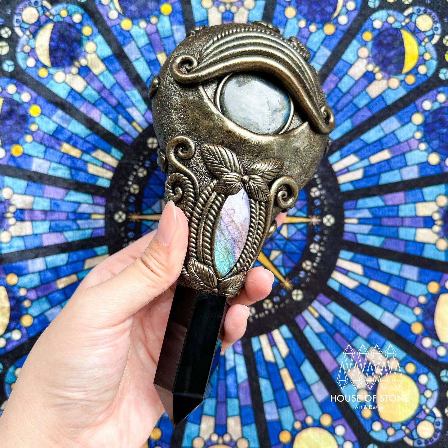 Handmade Natural Black Obsidian Mirror/Magic Obsidian Witch Wand/Crystal Quartz Wand/Scrying Mirror Wand/Root Chakra/Manifest Altar Tool