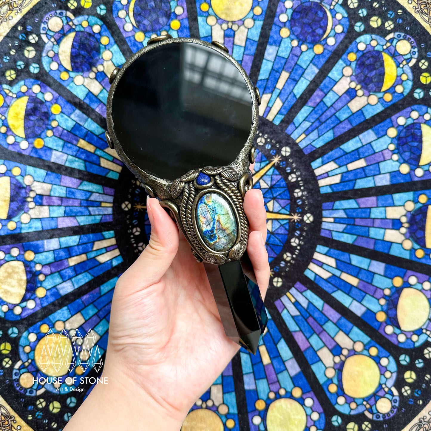 Handmade Natural Black Obsidian Mirror/Magic Obsidian Witch Wand/Crystal Quartz Wand/Scrying Mirror Wand/Root Chakra/Manifest Altar Tool
