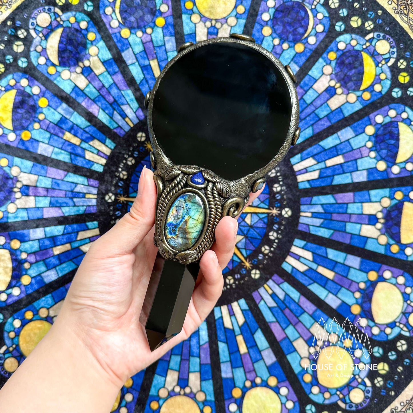 Handmade Natural Black Obsidian Mirror/Magic Obsidian Witch Wand/Crystal Quartz Wand/Scrying Mirror Wand/Root Chakra/Manifest Altar Tool