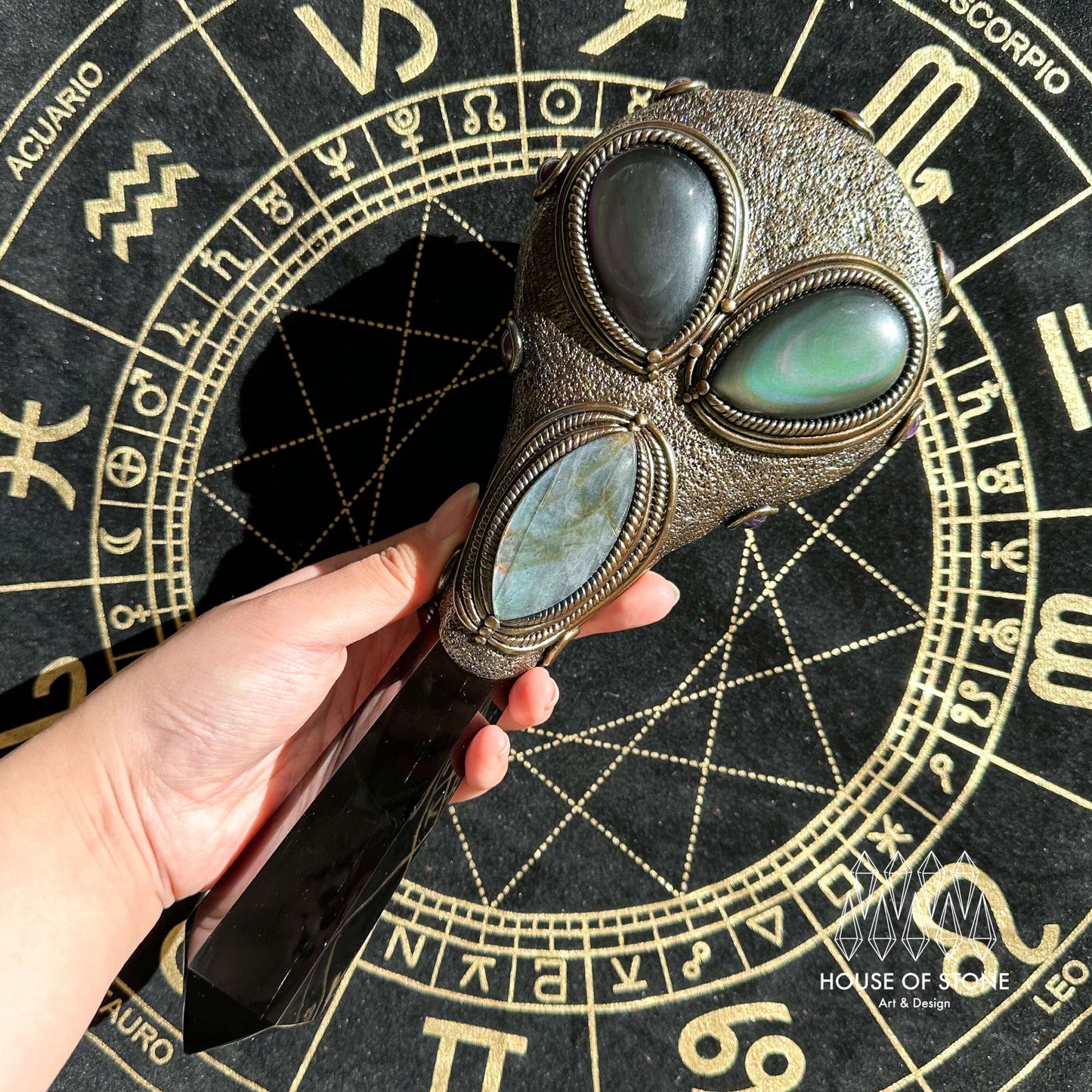 Handmade Natural Black Obsidian Mirror/Magic Obsidian Witch Wand/Crystal Quartz Wand/Scrying Mirror Wand/Chakra/Manifest Altar Tool