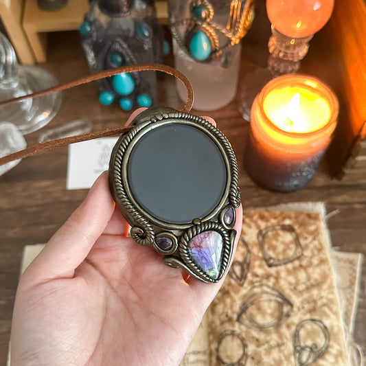 Handmade Natural Black Obsidian Pendant Necklace/Magic Obsidian Mirror Crystal Pendant/Scrying Mirror Talisman Protection Jewelry/Altar Tool