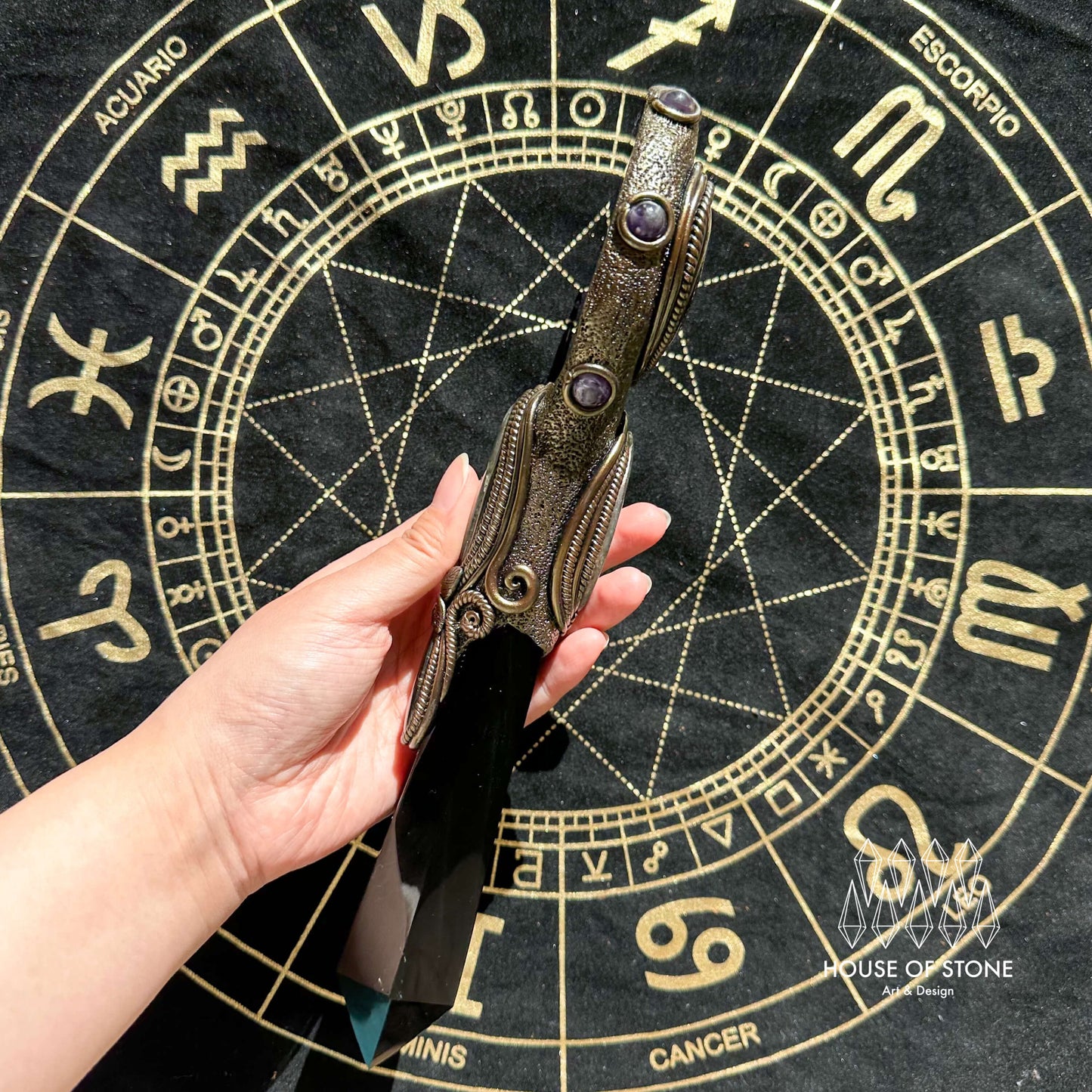 Handmade Natural Black Obsidian Mirror/Magic Obsidian Witch Wand/Crystal Quartz Wand/Scrying Mirror Wand/Chakra/Manifest Altar Tool