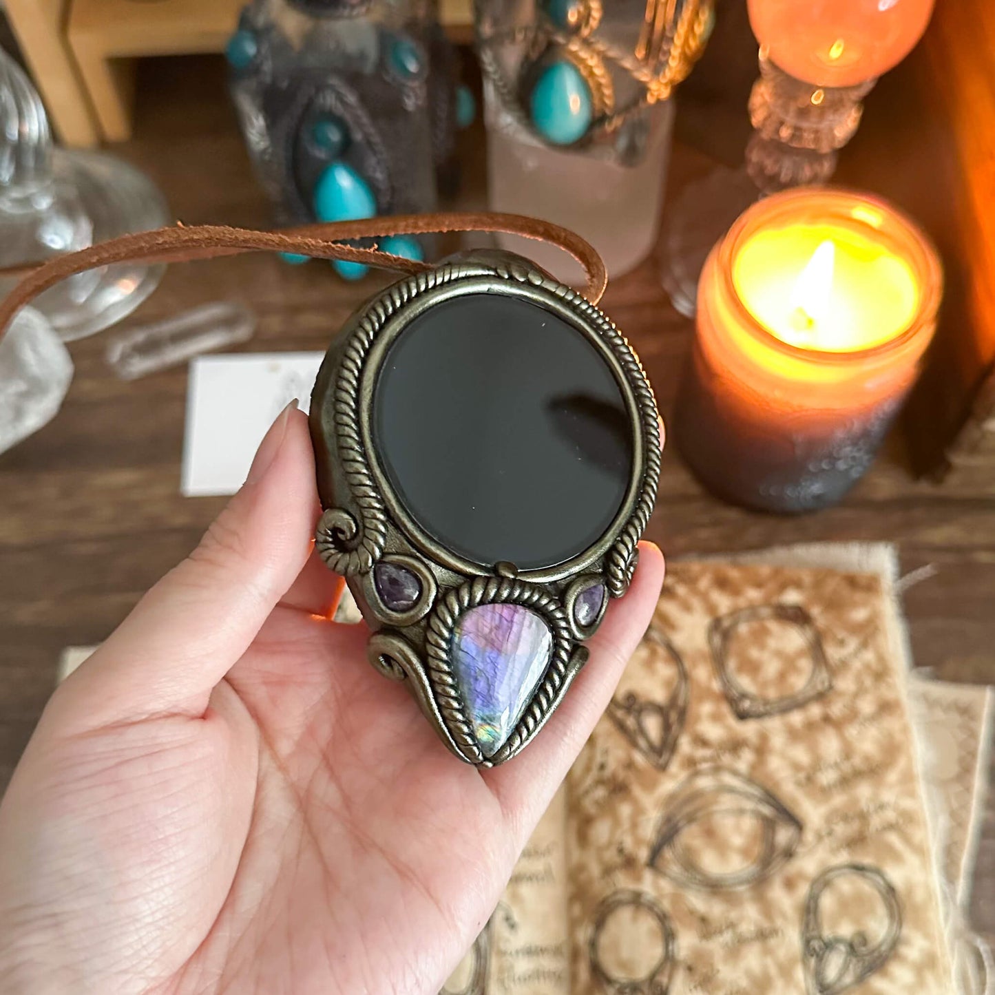 Handmade Natural Black Obsidian Pendant Necklace/Magic Obsidian Mirror Crystal Pendant/Scrying Mirror Talisman Protection Jewelry/Altar Tool