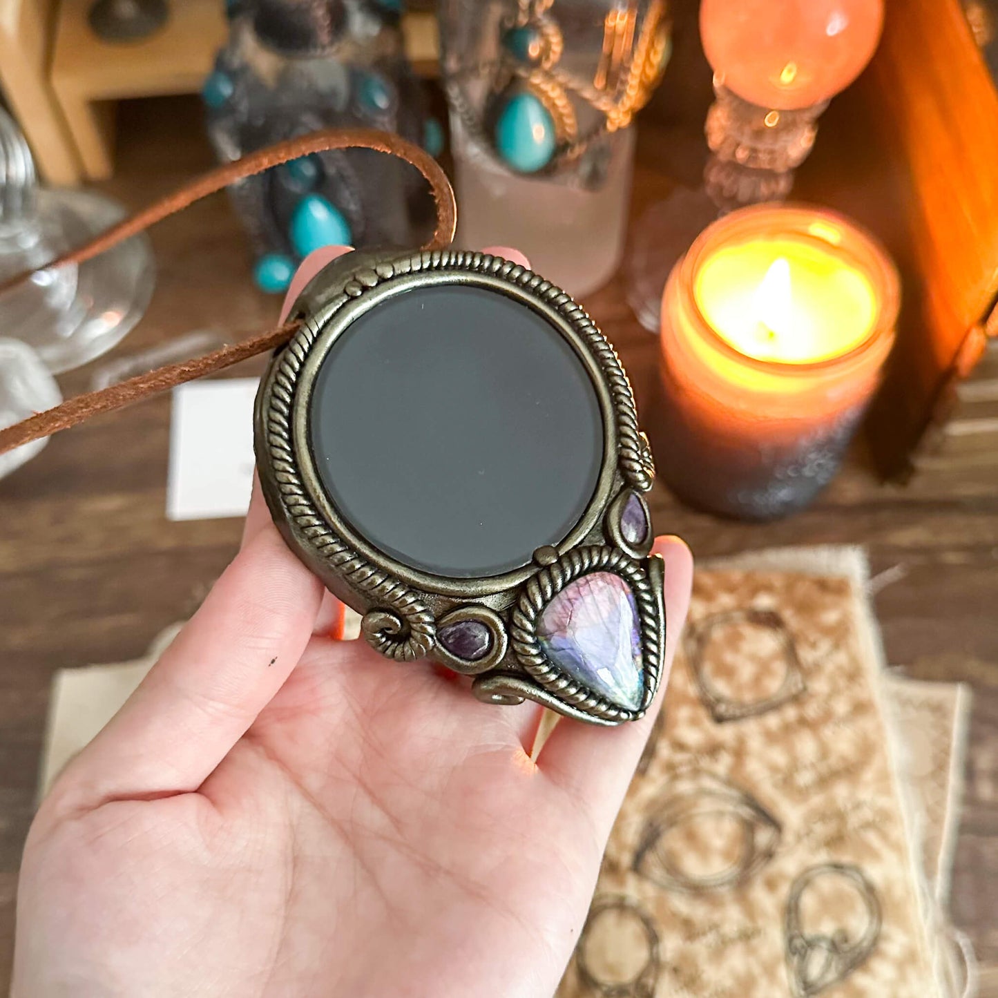 Handmade Natural Black Obsidian Pendant Necklace/Magic Obsidian Mirror Crystal Pendant/Scrying Mirror Talisman Protection Jewelry/Altar Tool
