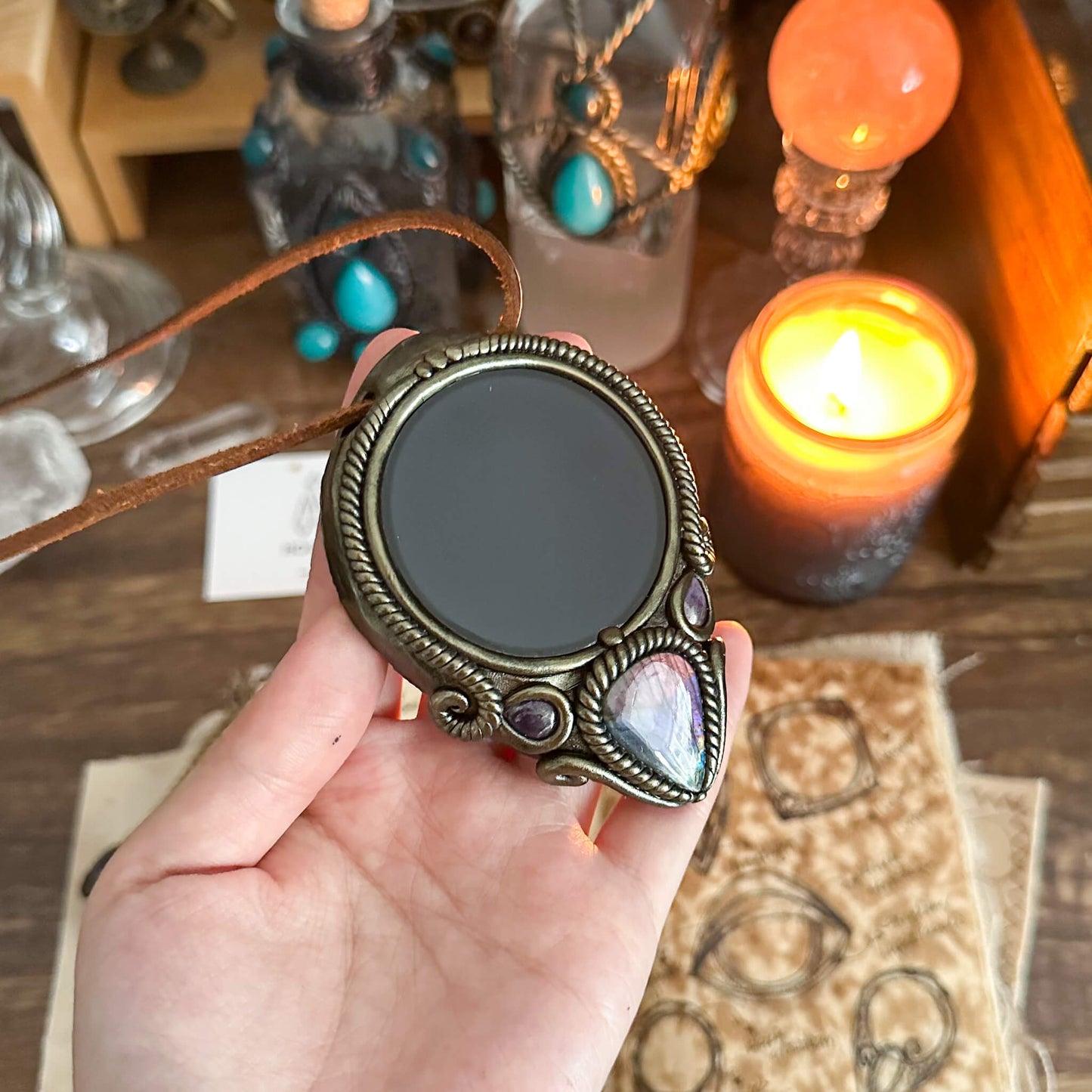 Handmade Natural Black Obsidian Pendant Necklace/Magic Obsidian Mirror Crystal Pendant/Scrying Mirror Talisman Protection Jewelry/Altar Tool