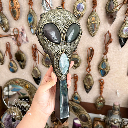 Handmade Natural Black Obsidian Mirror/Magic Obsidian Witch Wand/Crystal Quartz Wand/Scrying Mirror Wand/Chakra/Manifest Altar Tool