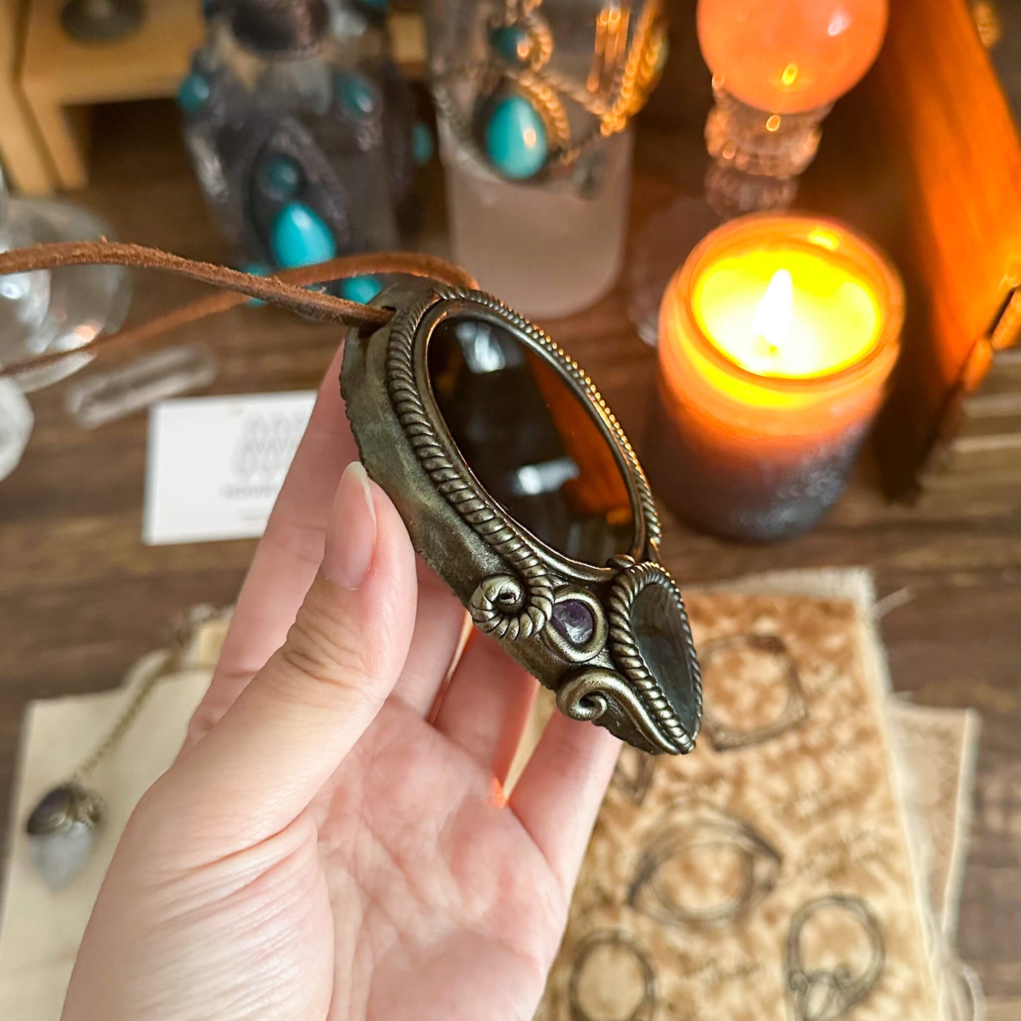 Handmade Natural Black Obsidian Pendant Necklace/Magic Obsidian Mirror Crystal Pendant/Scrying Mirror Talisman Protection Jewelry/Altar Tool