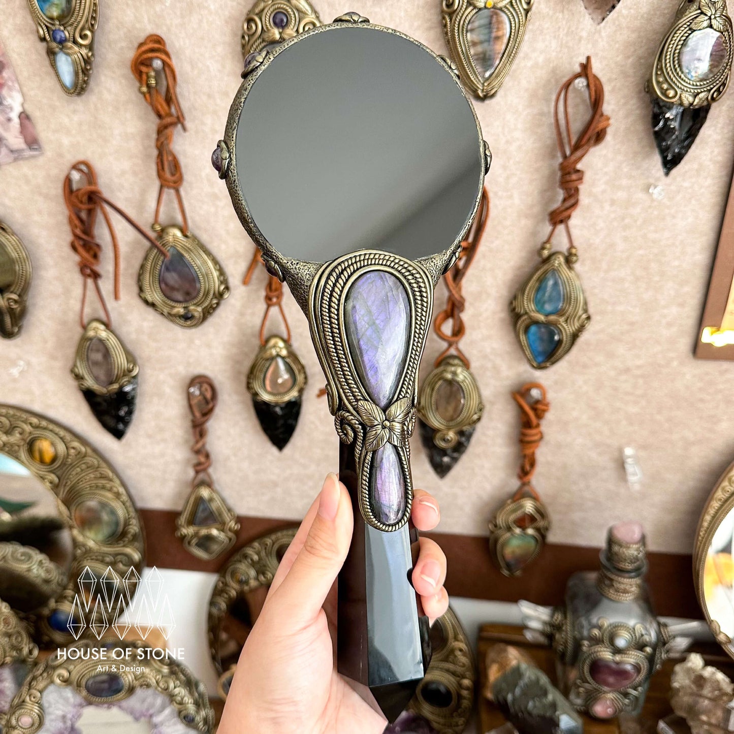 Handmade Natural Black Obsidian Mirror/Magic Obsidian Witch Wand/Crystal Quartz Wand/Scrying Mirror Wand/Chakra/Manifest Altar Tool