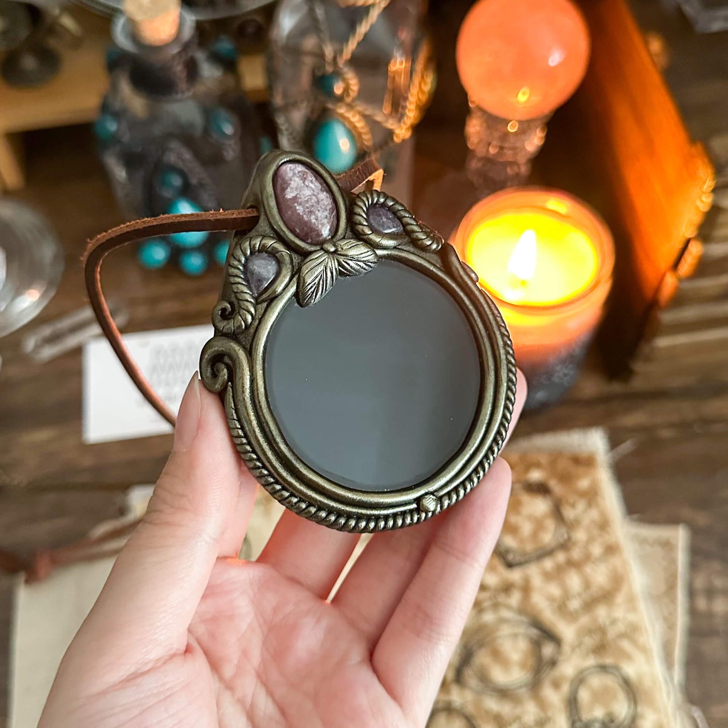 Handmade Natural Black Obsidian Pendant Necklace/Magic Obsidian Mirror Crystal Pendant/Scrying Mirror Talisman Protection Jewelry/Altar Tool
