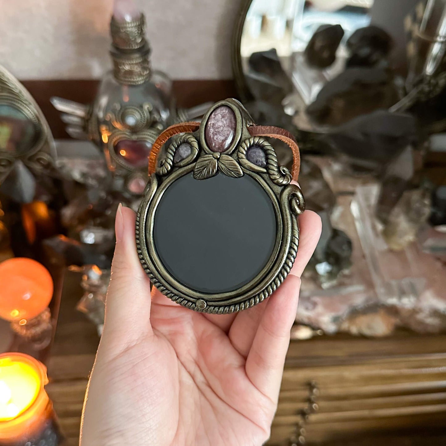 Handmade Natural Black Obsidian Pendant Necklace/Magic Obsidian Mirror Crystal Pendant/Scrying Mirror Talisman Protection Jewelry/Altar Tool