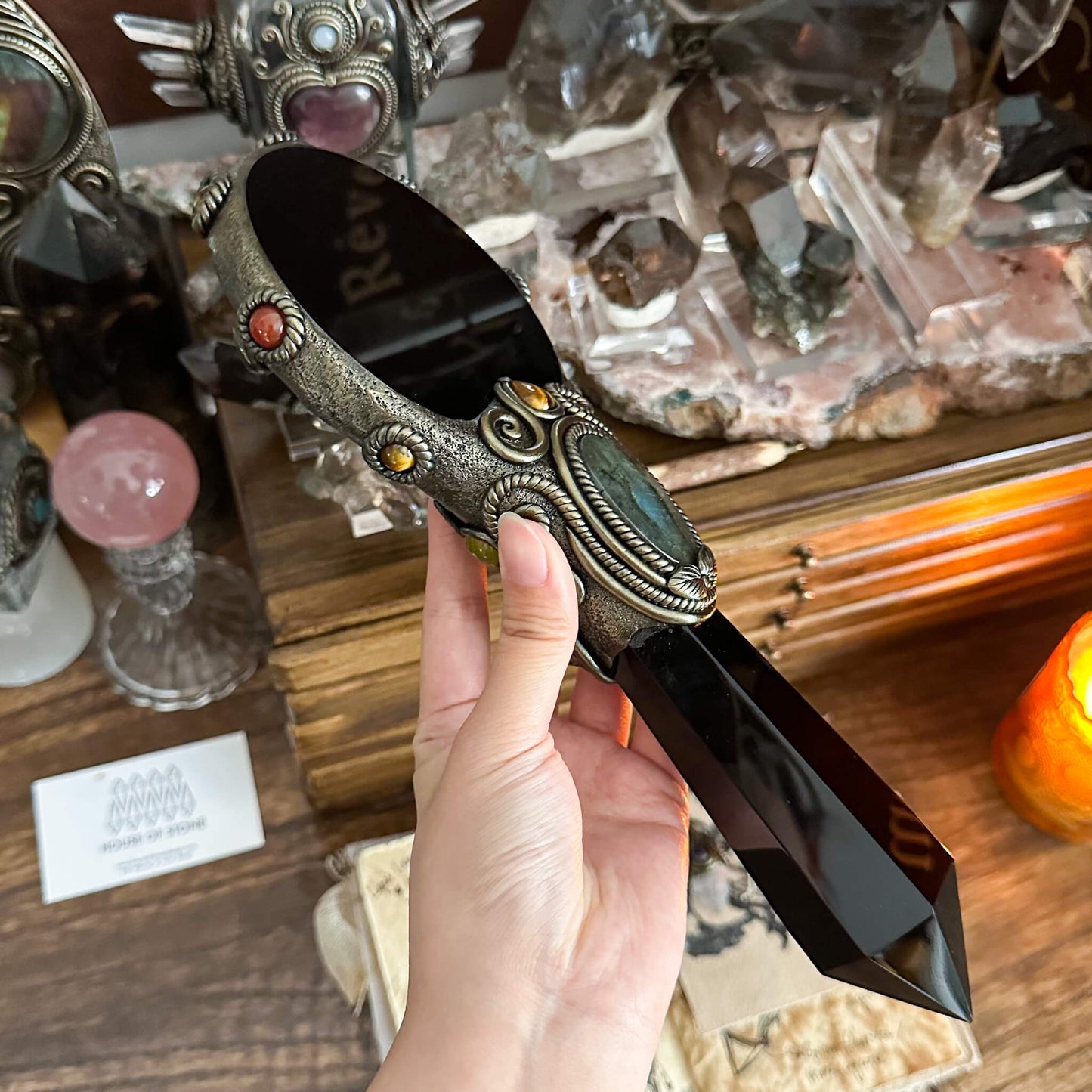 Handmade Natural Black Obsidian Mirror/Magic Obsidian Witch Wand/Crystal Quartz Wand/Scrying Mirror Wand/Root Chakra/Manifest Altar Tool