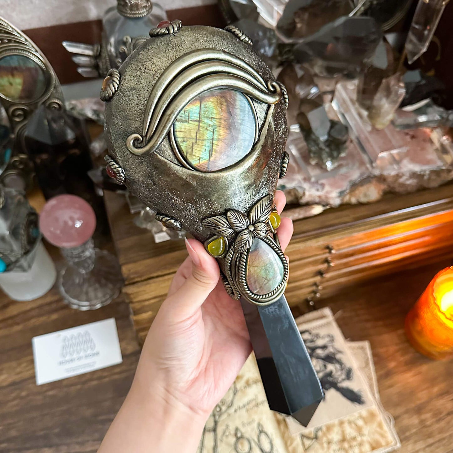 Handmade Natural Black Obsidian Mirror/Magic Obsidian Witch Wand/Crystal Quartz Wand/Scrying Mirror Wand/Root Chakra/Manifest Altar Tool