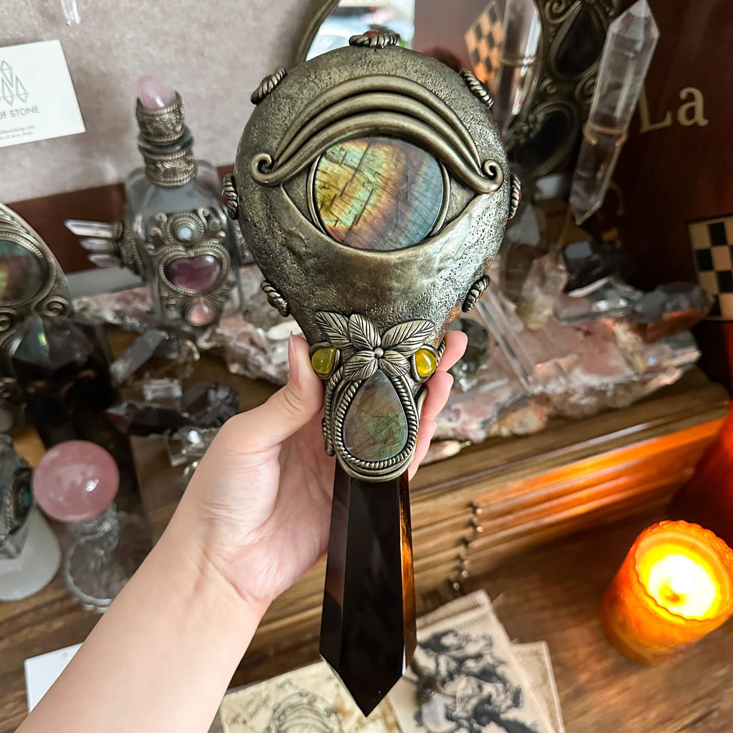 Handmade Natural Black Obsidian Mirror/Magic Obsidian Witch Wand/Crystal Quartz Wand/Scrying Mirror Wand/Root Chakra/Manifest Altar Tool