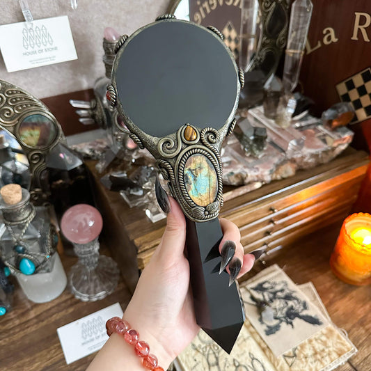 Handmade Natural Black Obsidian Mirror/Magic Obsidian Witch Wand/Crystal Quartz Wand/Scrying Mirror Wand/Root Chakra/Manifest Altar Tool