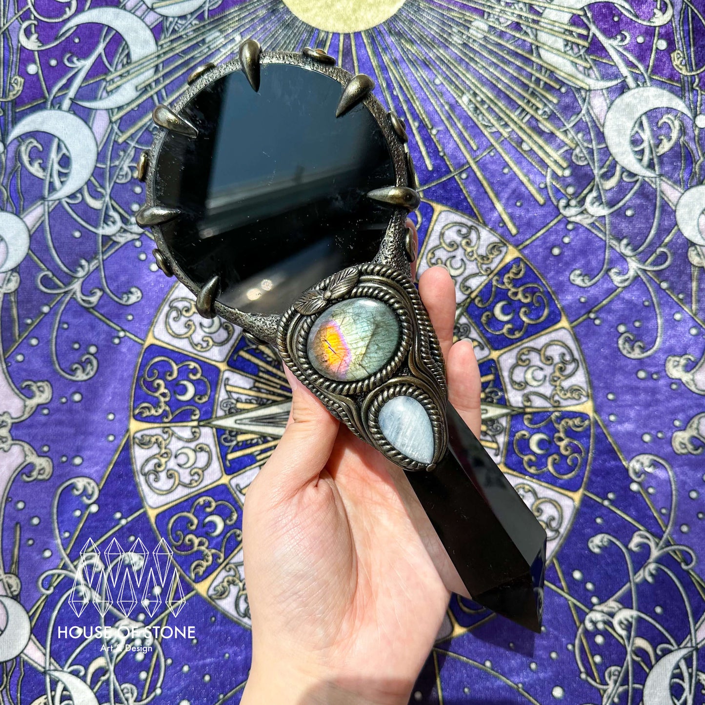 Handmade Natural Black Obsidian Mirror/Magic Obsidian Witch Wand/Crystal Quartz Wand/Scrying Mirror Wand/Root Chakra/Manifest Altar Tool