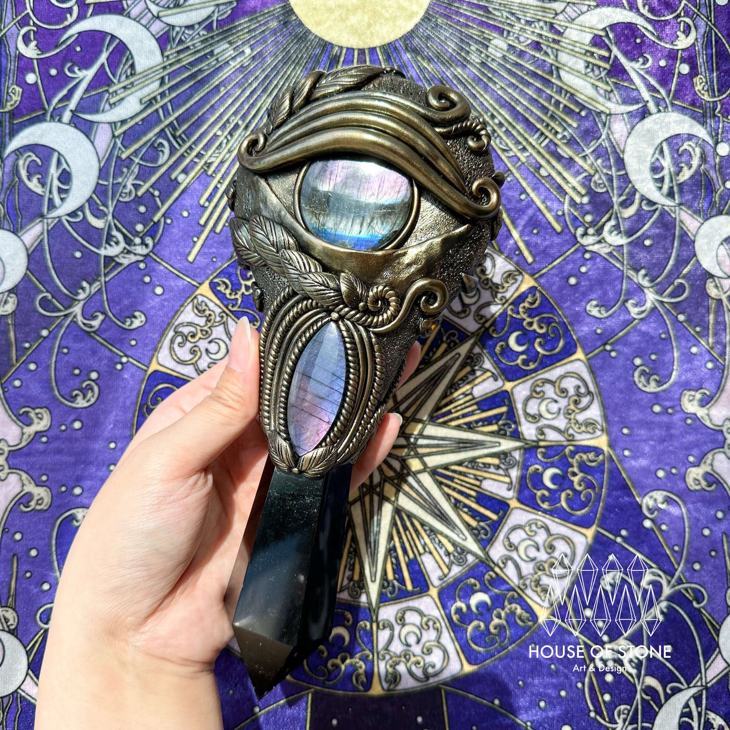 Handmade Natural Black Obsidian Mirror/Magic Obsidian Witch Wand/Crystal Quartz Wand/Scrying Mirror Wand/Root Chakra/Manifest Altar Tool