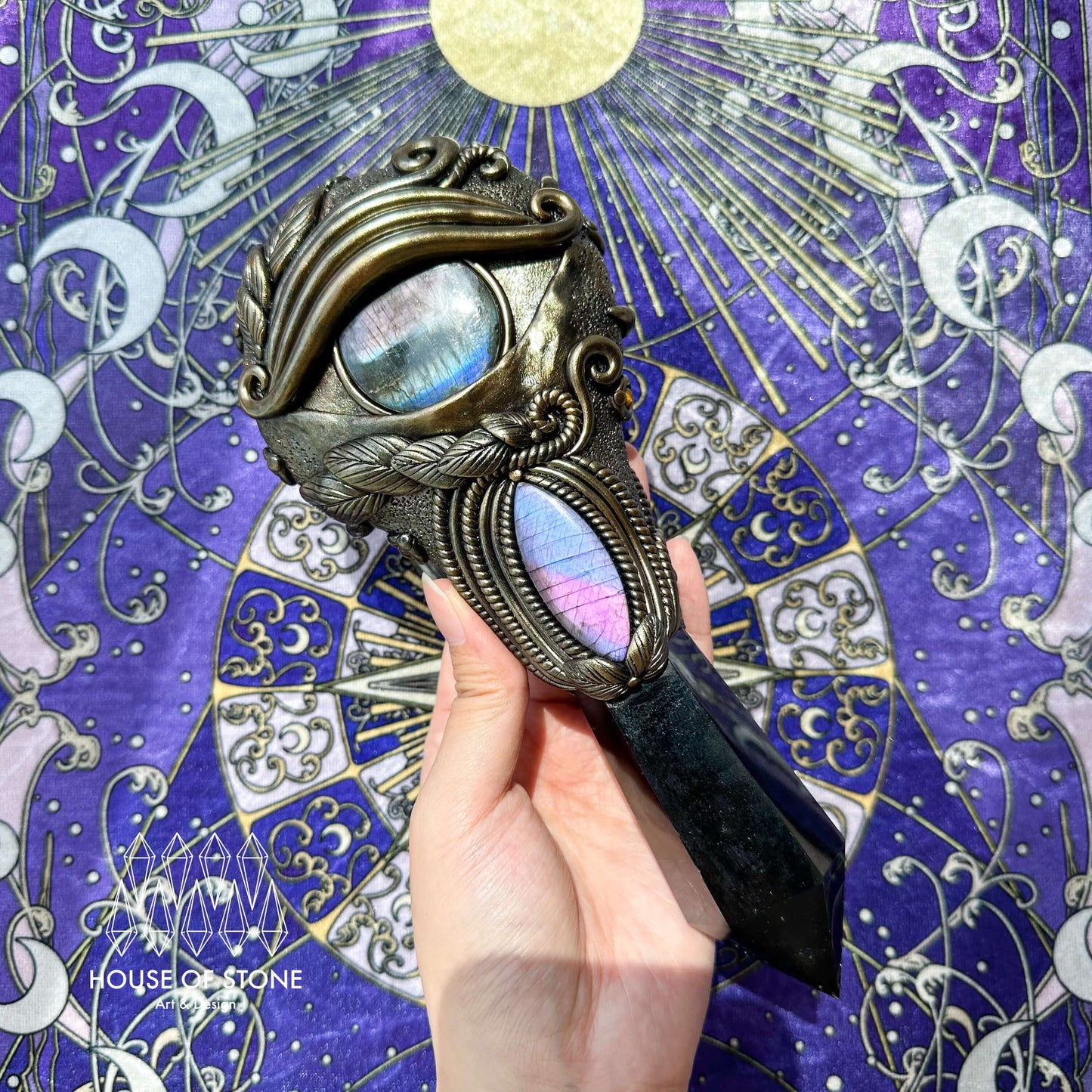 Handmade Natural Black Obsidian Mirror/Magic Obsidian Witch Wand/Crystal Quartz Wand/Scrying Mirror Wand/Root Chakra/Manifest Altar Tool