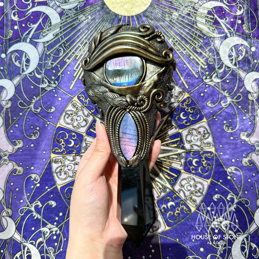 Handmade Natural Black Obsidian Mirror/Magic Obsidian Witch Wand/Crystal Quartz Wand/Scrying Mirror Wand/Root Chakra/Manifest Altar Tool