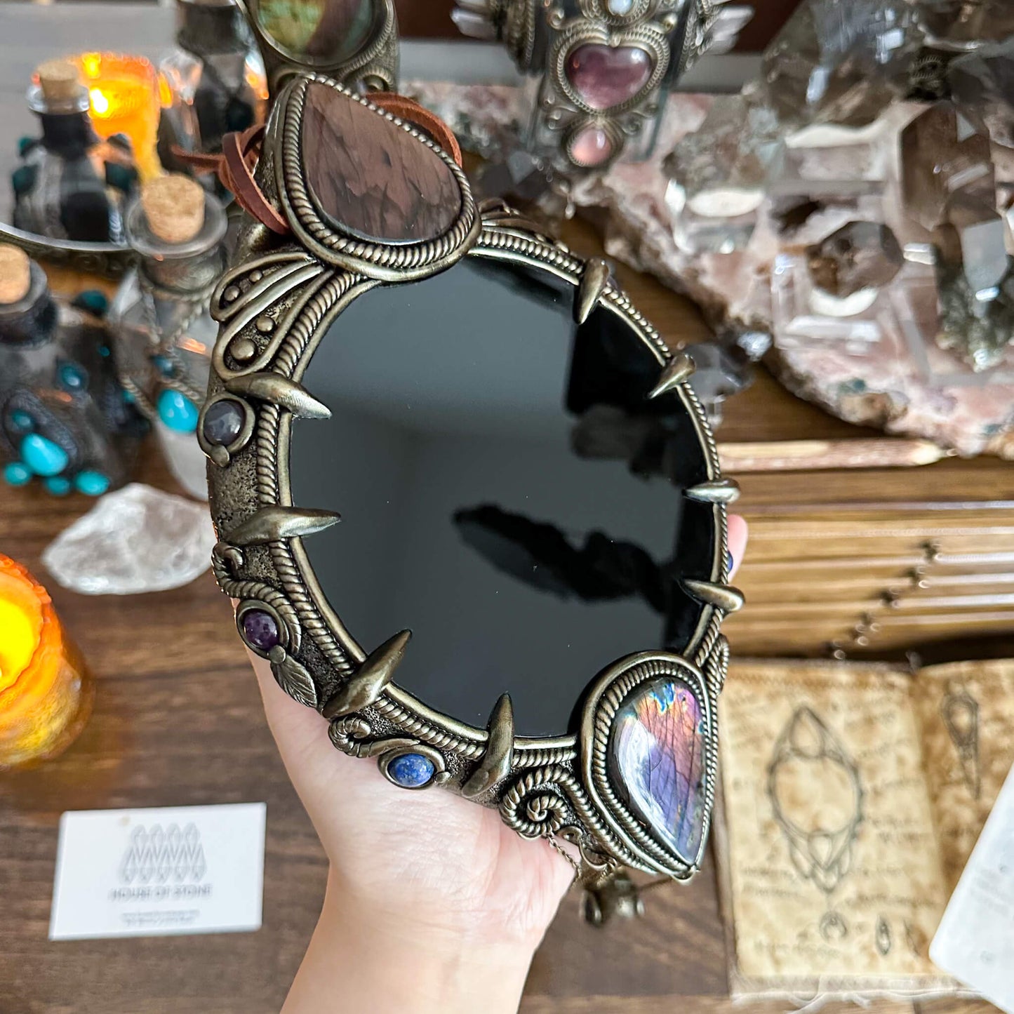 Handmade Natural Black Obsidian Crystal Wall Hanging Decor/Magic XLarge Obsidian Mirror Spiritual Window Interior Room Hangings/Scrying Mirror Door Hanging/Altar Tool