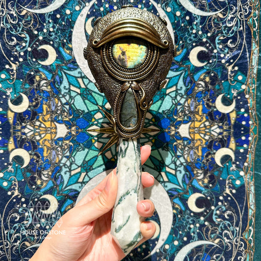 Handmade Natural Black Obsidian Mirror/Magic Obsidian Witch Wand/Crystal Quartz Wand/Scrying Mirror Wand/Root Chakra/Manifest Altar Tool