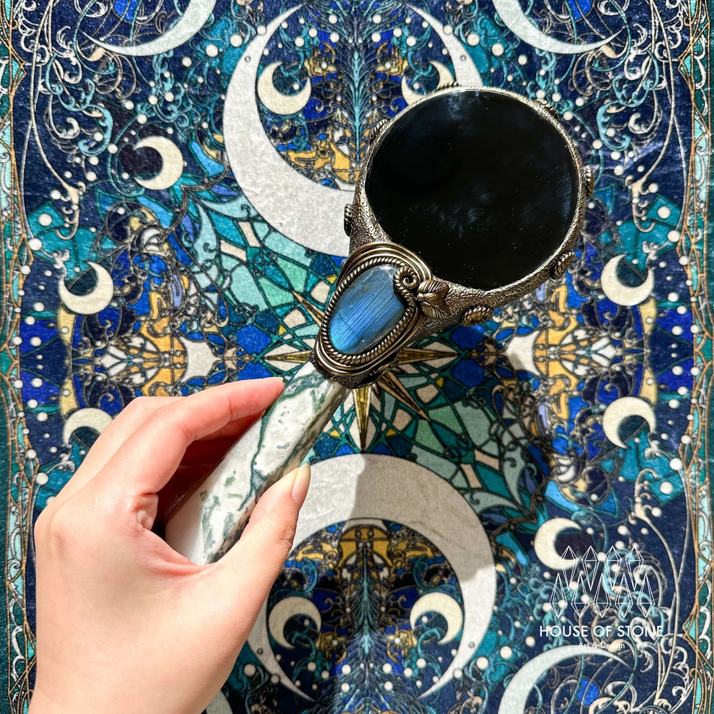 Handmade Natural Black Obsidian Mirror/Magic Obsidian Witch Wand/Crystal Quartz Wand/Scrying Mirror Wand/Root Chakra/Manifest Altar Tool