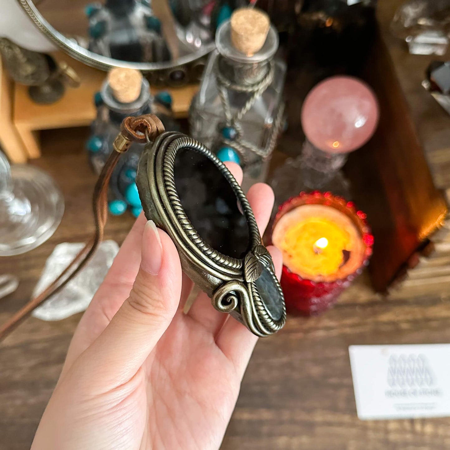 Handmade Natural Black Obsidian Pendant Necklace/Magic Obsidian Mirror Crystal Pendant/Scrying Mirror Talisman Protection Jewelry/Altar Tool