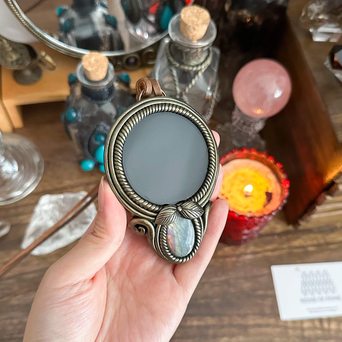 Handmade Natural Black Obsidian Pendant Necklace/Magic Obsidian Mirror Crystal Pendant/Scrying Mirror Talisman Protection Jewelry/Altar Tool