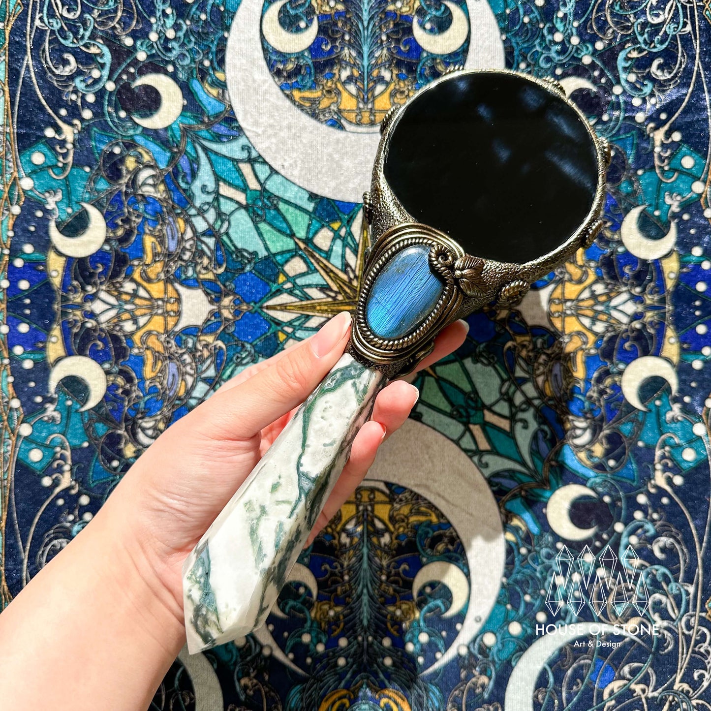 Handmade Natural Black Obsidian Mirror/Magic Obsidian Witch Wand/Crystal Quartz Wand/Scrying Mirror Wand/Root Chakra/Manifest Altar Tool