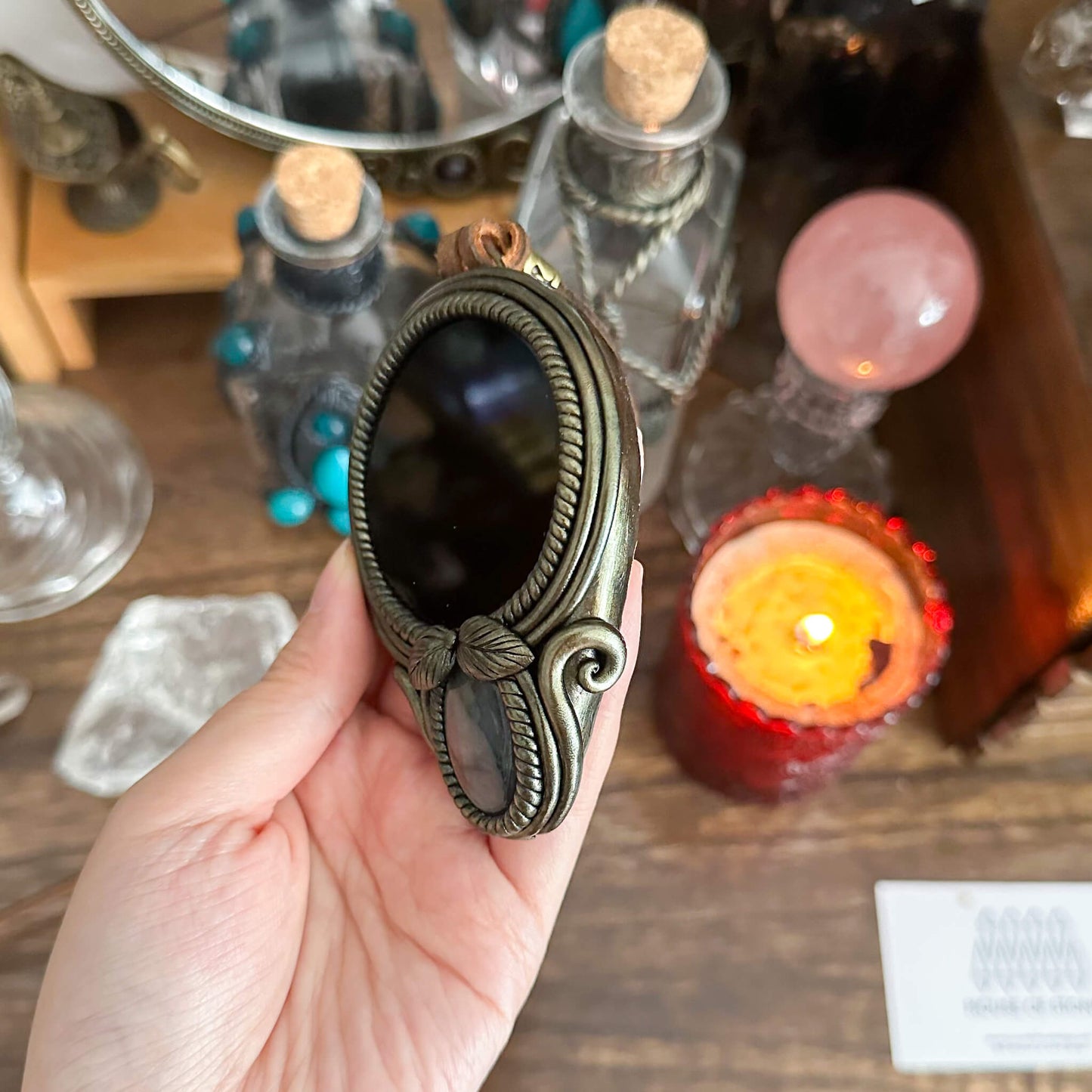 Handmade Natural Black Obsidian Pendant Necklace/Magic Obsidian Mirror Crystal Pendant/Scrying Mirror Talisman Protection Jewelry/Altar Tool