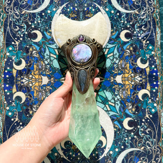 Handmade Natural Fluorite Crystal Wand/XLarge Magic Witch Crystal Wand/Moonstone Green Fluorite Labradorite Handle/Chakra/Manifest Altar Tool