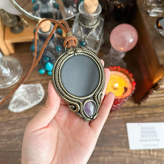 Handmade Natural Black Obsidian Pendant Necklace/Magic Obsidian Mirror Crystal Pendant/Scrying Mirror Talisman Protection Jewelry/Altar Tool