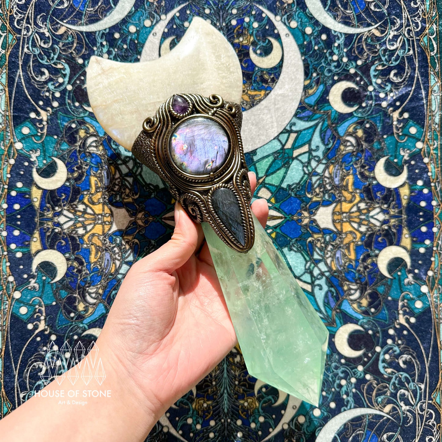Handmade Natural Fluorite Crystal Wand/XLarge Magic Witch Crystal Wand/Moonstone Green Fluorite Labradorite Handle/Chakra/Manifest Altar Tool