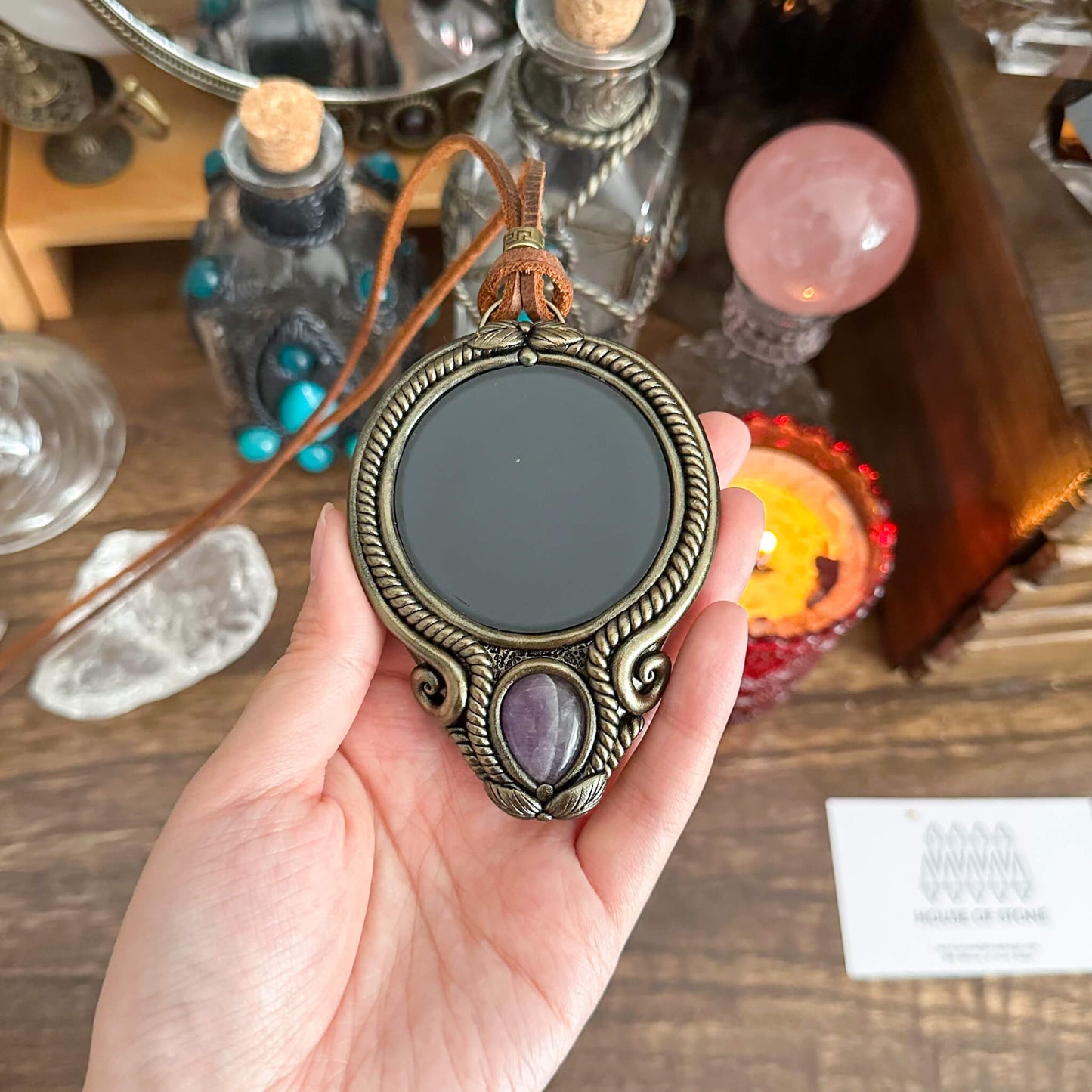 Handmade Natural Black Obsidian Pendant Necklace/Magic Obsidian Mirror Crystal Pendant/Scrying Mirror Talisman Protection Jewelry/Altar Tool