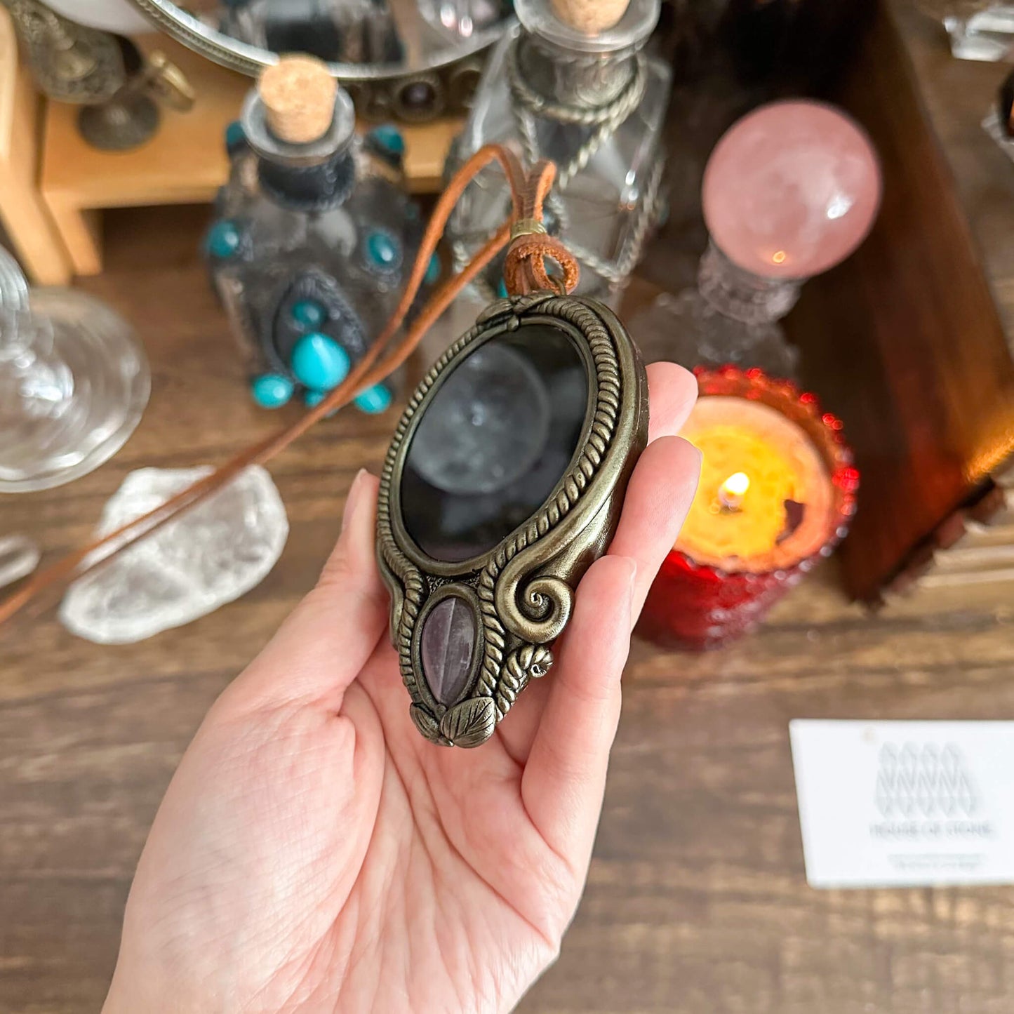 Handmade Natural Black Obsidian Pendant Necklace/Magic Obsidian Mirror Crystal Pendant/Scrying Mirror Talisman Protection Jewelry/Altar Tool