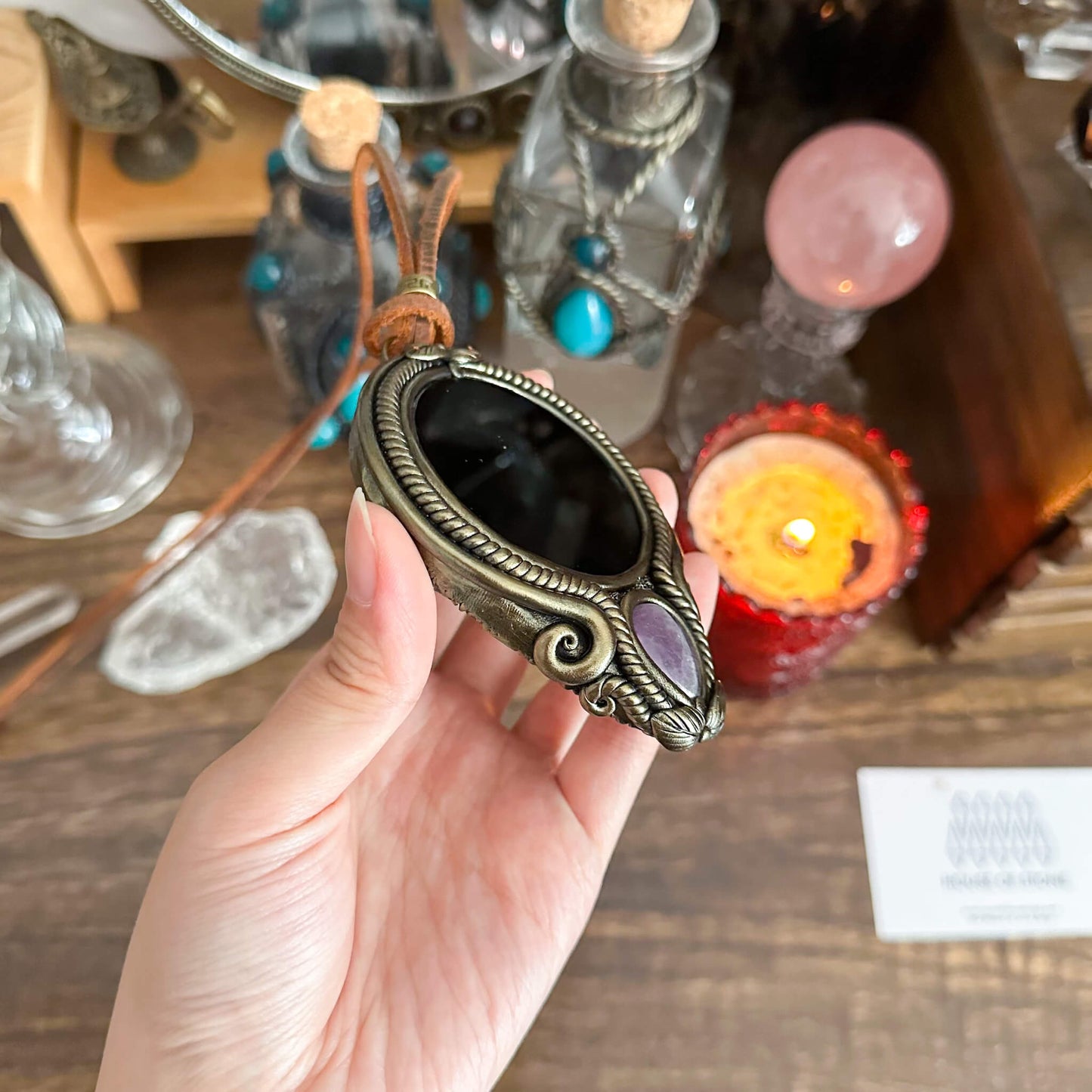Handmade Natural Black Obsidian Pendant Necklace/Magic Obsidian Mirror Crystal Pendant/Scrying Mirror Talisman Protection Jewelry/Altar Tool