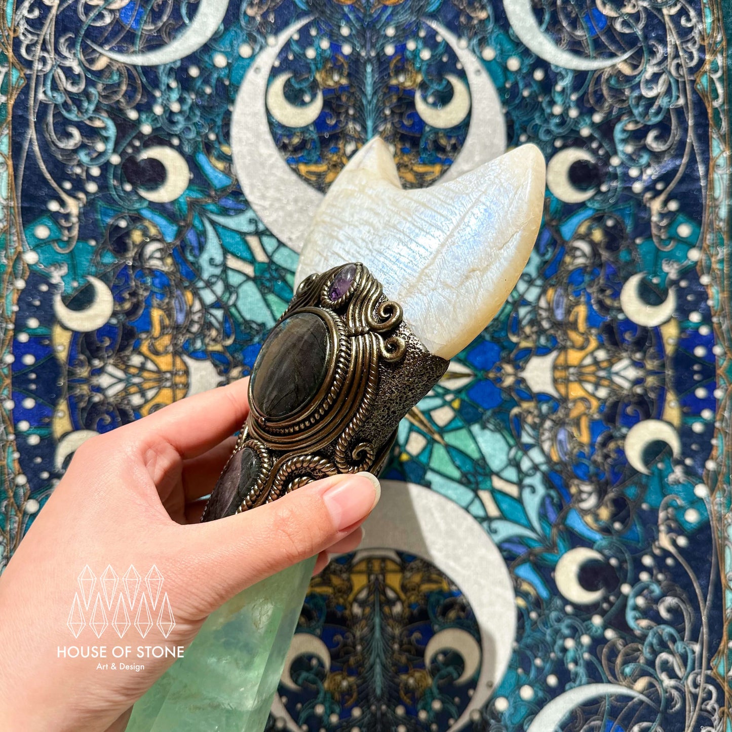 Handmade Natural Fluorite Crystal Wand/XLarge Magic Witch Crystal Wand/Moonstone Green Fluorite Labradorite Handle/Chakra/Manifest Altar Tool