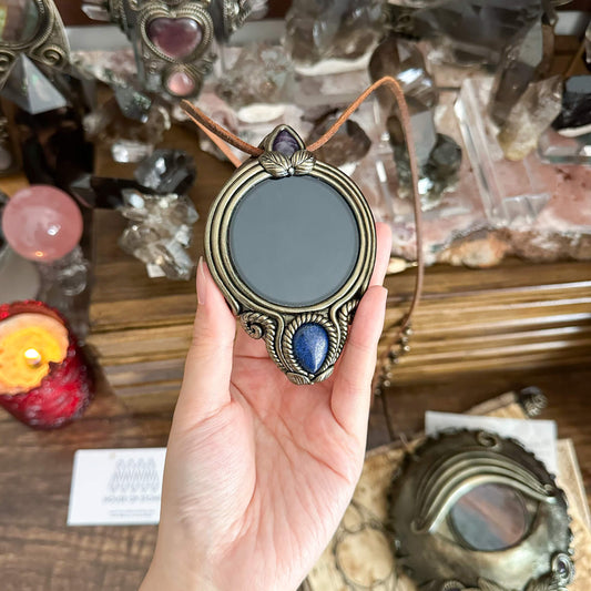 Handmade Natural Black Obsidian Pendant Necklace/Magic Obsidian Mirror Crystal Pendant/Scrying Mirror Talisman Protection Jewelry/Altar Tool