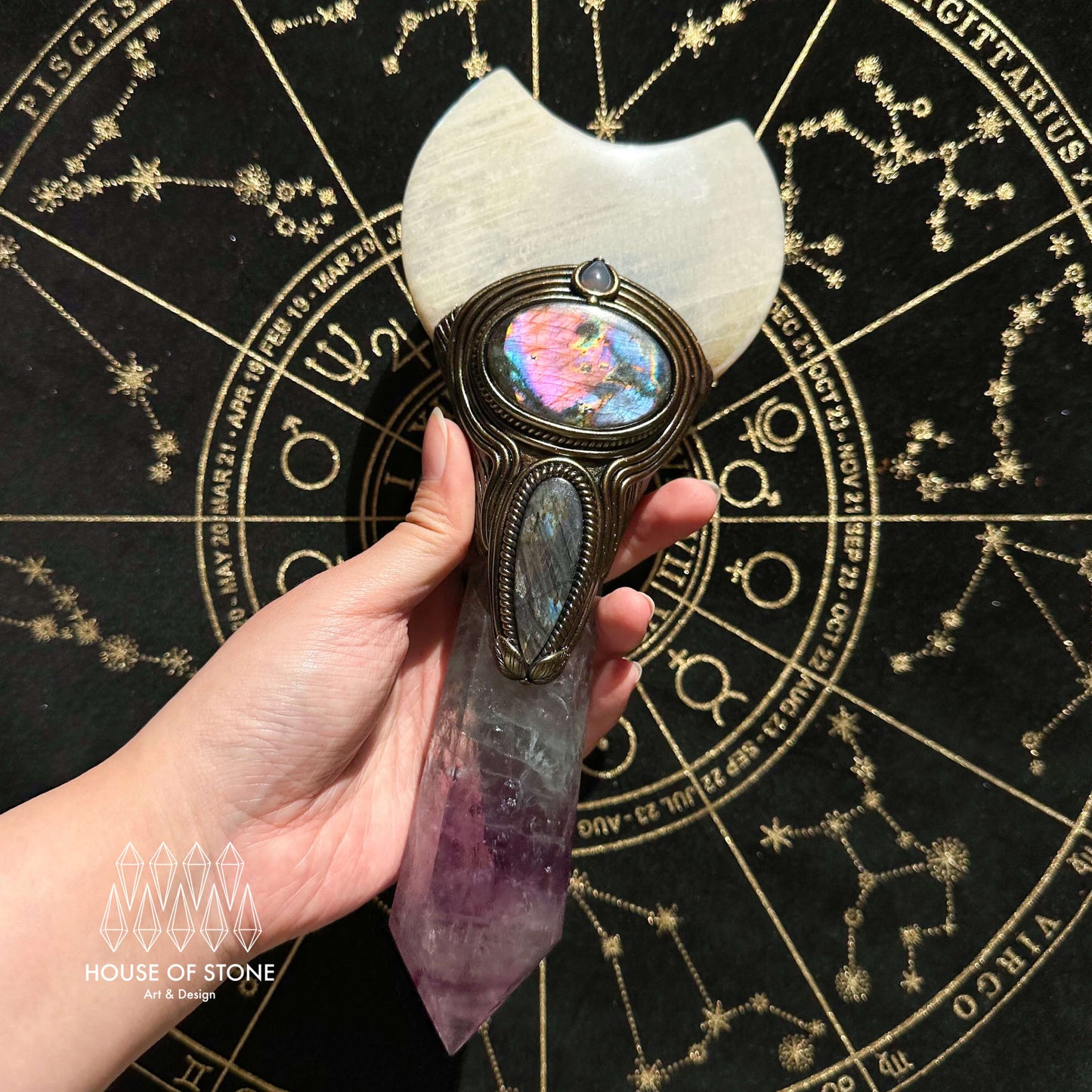 Handmade Natural Fluorite Crystal Wand/Magic Witch Crystal Wand/Moonstone Rainbow Fluorite Labradorite Handle/Chakra/Manifest Altar Tool