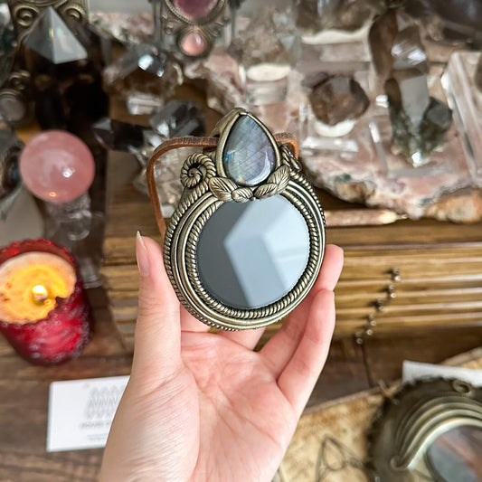 Handmade Natural Black Obsidian Pendant Necklace/Magic Obsidian Mirror Crystal Pendant/Scrying Mirror Talisman Protection Jewelry/Altar Tool