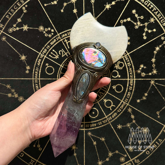 Handmade Natural Fluorite Crystal Wand/Magic Witch Crystal Wand/Moonstone Rainbow Fluorite Labradorite Handle/Chakra/Manifest Altar Tool