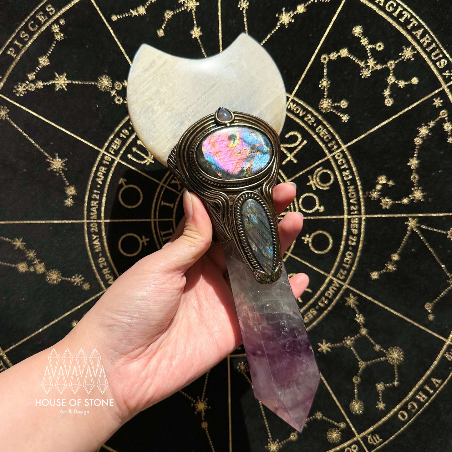 Handmade Natural Fluorite Crystal Wand/Magic Witch Crystal Wand/Moonstone Rainbow Fluorite Labradorite Handle/Chakra/Manifest Altar Tool
