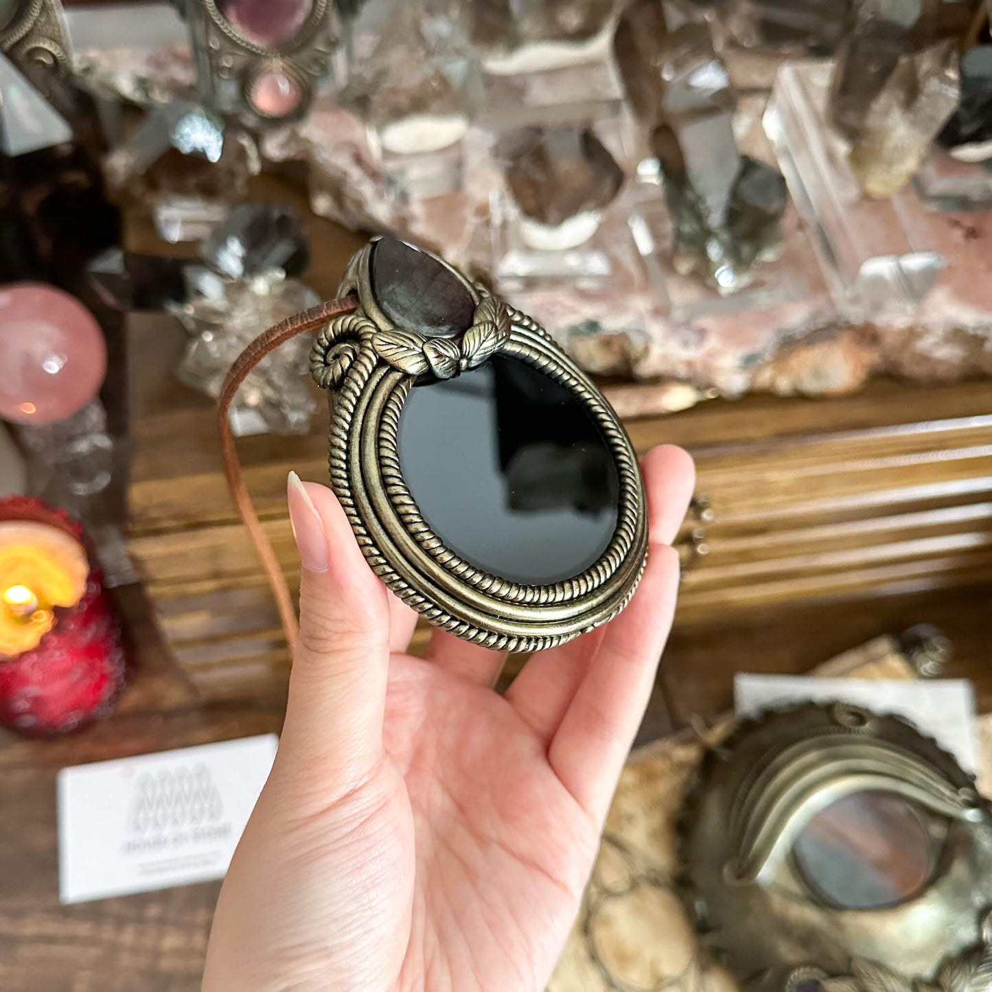 Handmade Natural Black Obsidian Pendant Necklace/Magic Obsidian Mirror Crystal Pendant/Scrying Mirror Talisman Protection Jewelry/Altar Tool