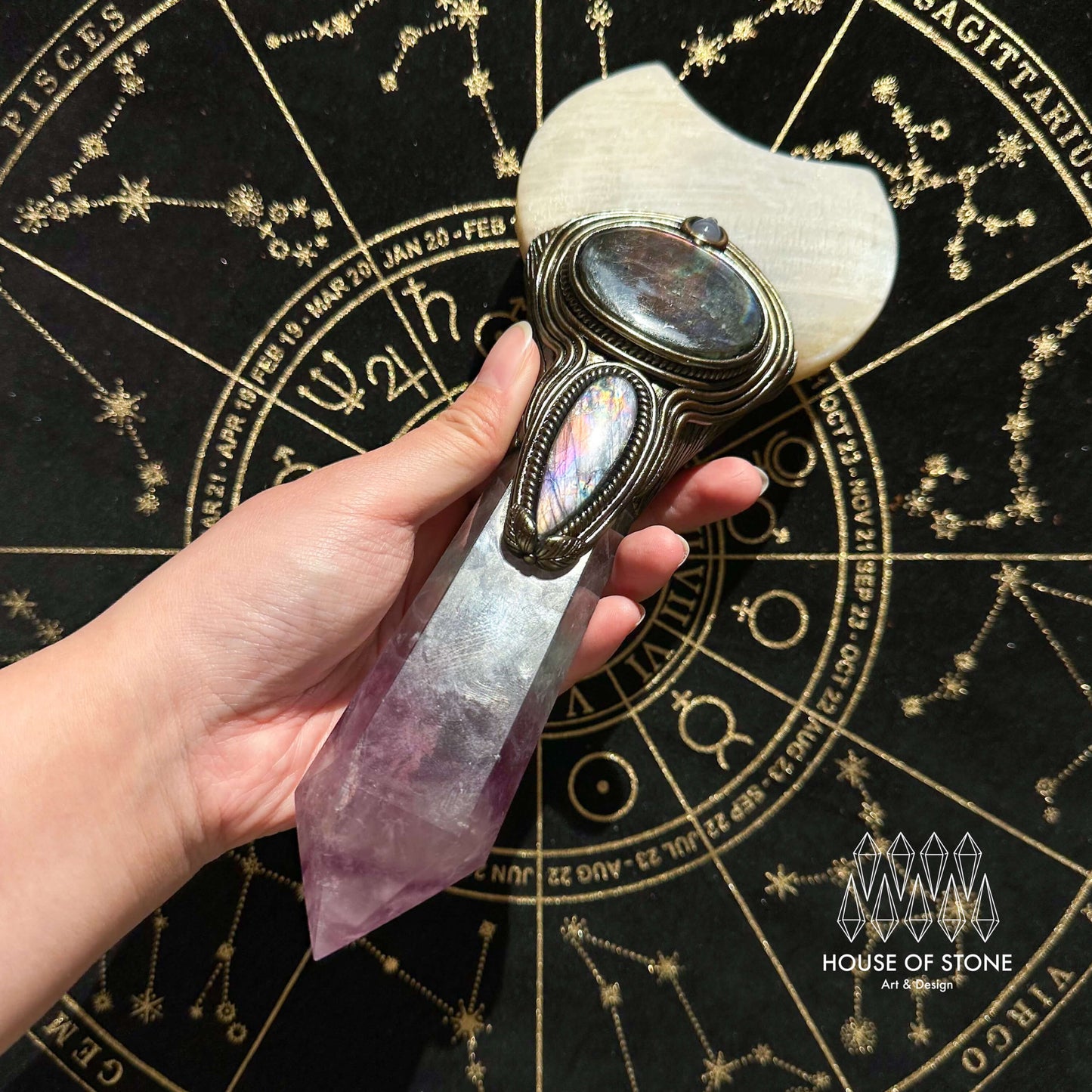 Handmade Natural Fluorite Crystal Wand/Magic Witch Crystal Wand/Moonstone Rainbow Fluorite Labradorite Handle/Chakra/Manifest Altar Tool