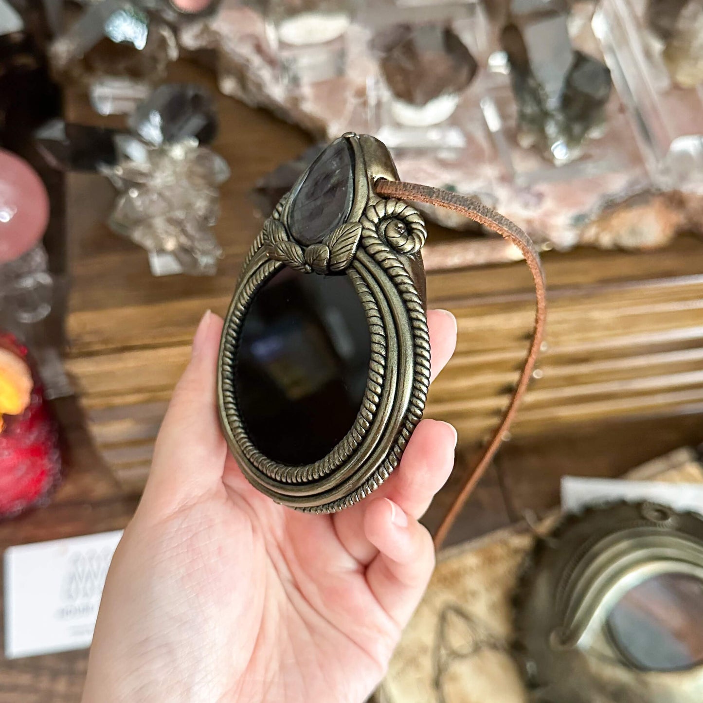 Handmade Natural Black Obsidian Pendant Necklace/Magic Obsidian Mirror Crystal Pendant/Scrying Mirror Talisman Protection Jewelry/Altar Tool