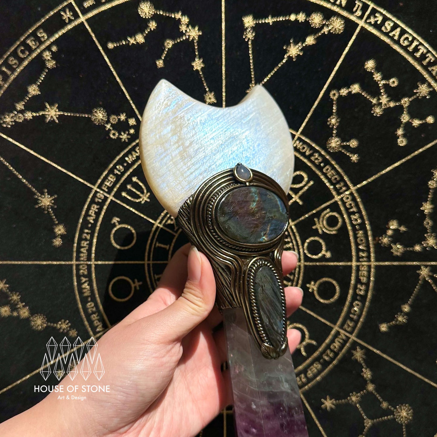 Handmade Natural Fluorite Crystal Wand/Magic Witch Crystal Wand/Moonstone Rainbow Fluorite Labradorite Handle/Chakra/Manifest Altar Tool