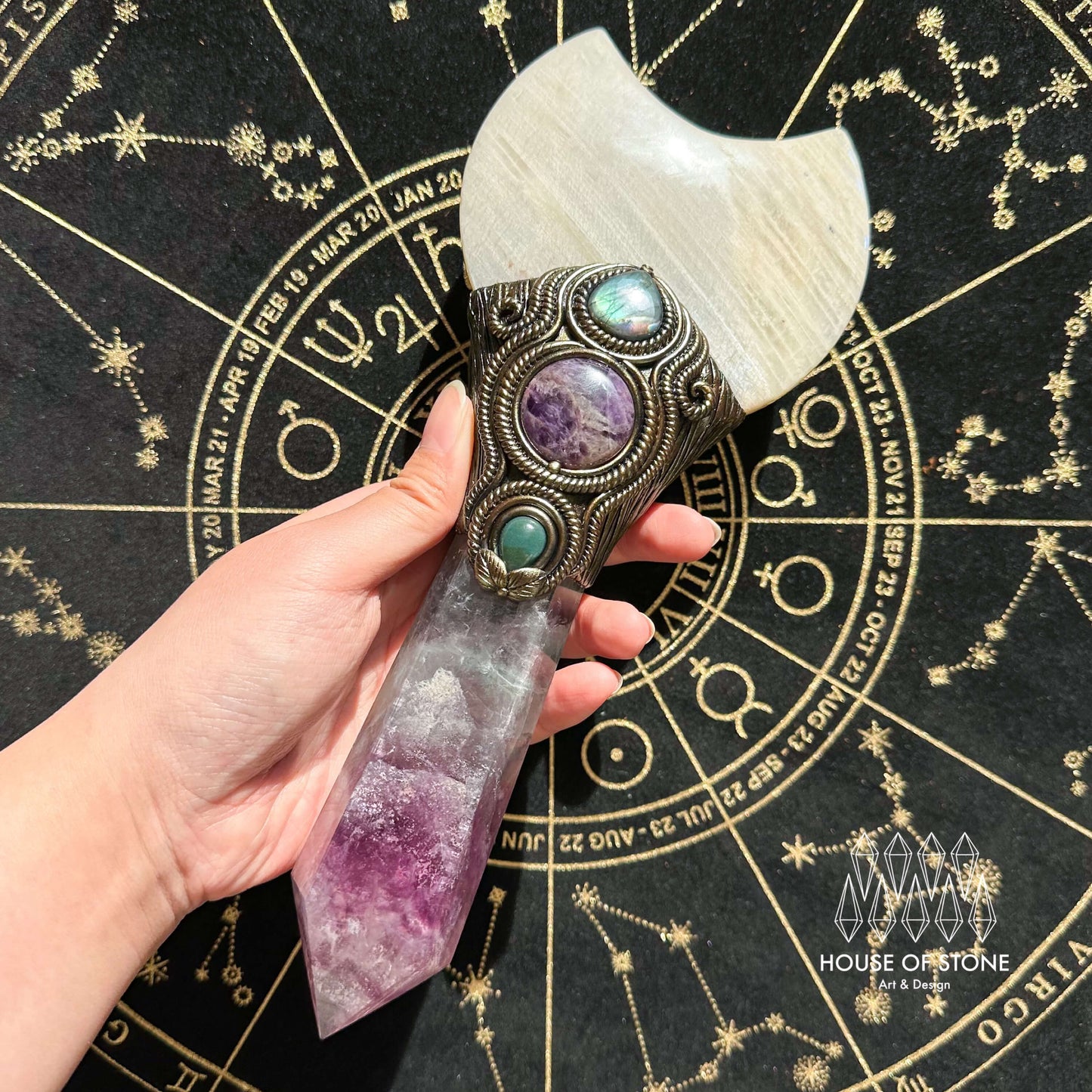 Handmade Natural Fluorite Crystal Wand/Magic Witch Crystal Wand/Moonstone Rainbow Fluorite Labradorite Handle/Chakra/Manifest Altar Tool