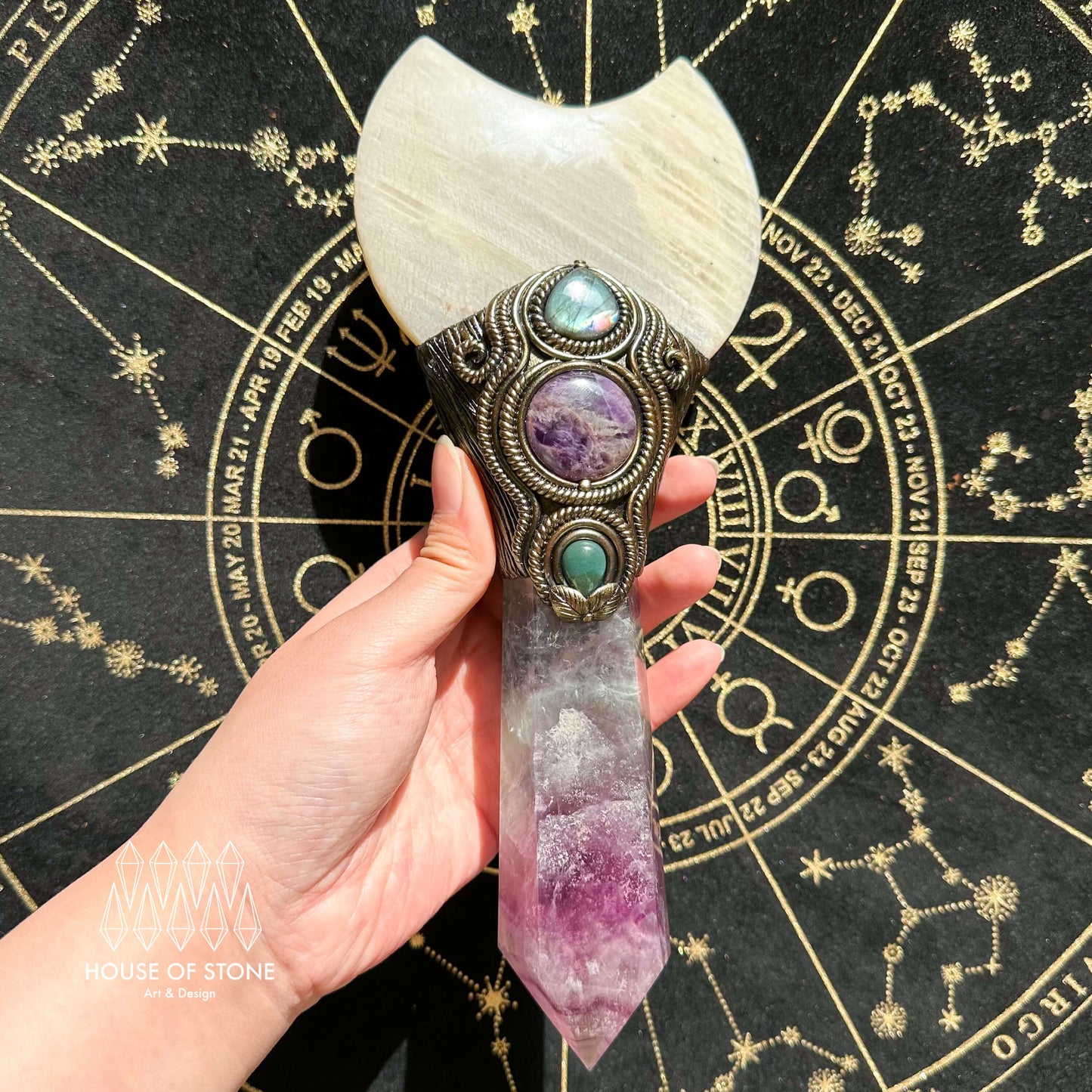 Handmade Natural Fluorite Crystal Wand/Magic Witch Crystal Wand/Moonstone Rainbow Fluorite Labradorite Handle/Chakra/Manifest Altar Tool