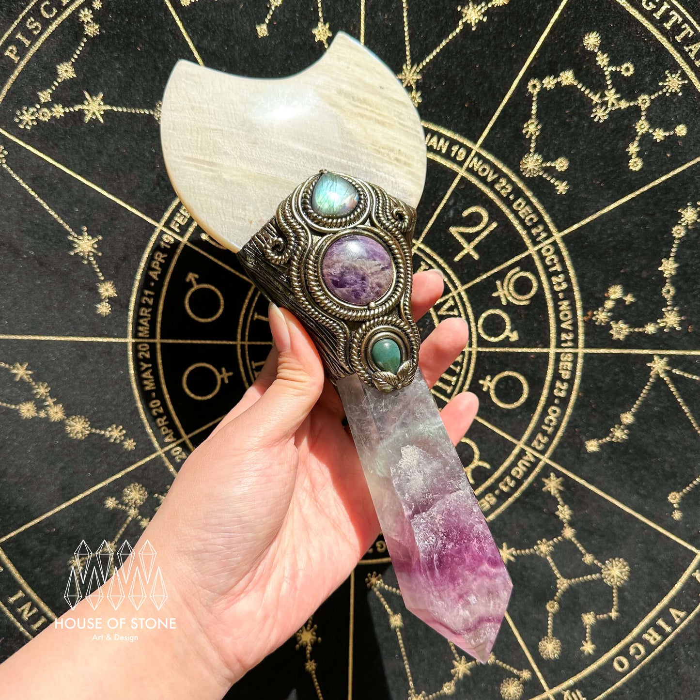 Handmade Natural Fluorite Crystal Wand/Magic Witch Crystal Wand/Moonstone Rainbow Fluorite Labradorite Handle/Chakra/Manifest Altar Tool
